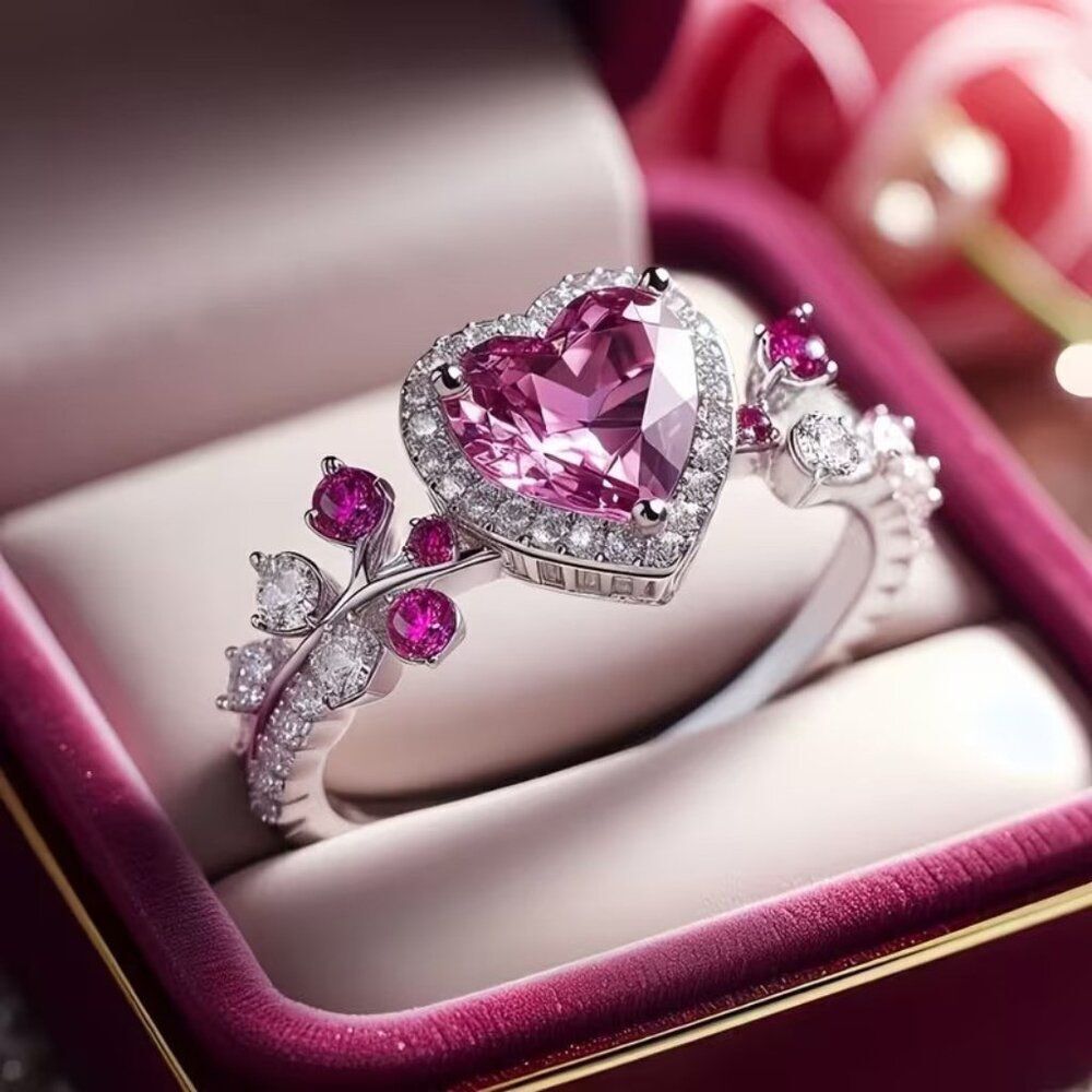 Elegant Silver-Coated Copper Ring w Heart-Shaped Pink Synthetic Zirconia Size 8